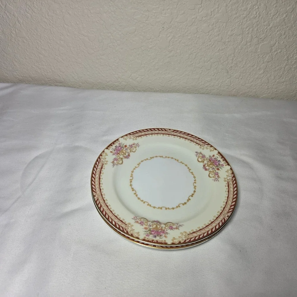 Noritake Japan Vintage Bread Butter Plates Set/4 Floral Gold Red Border 6.25in